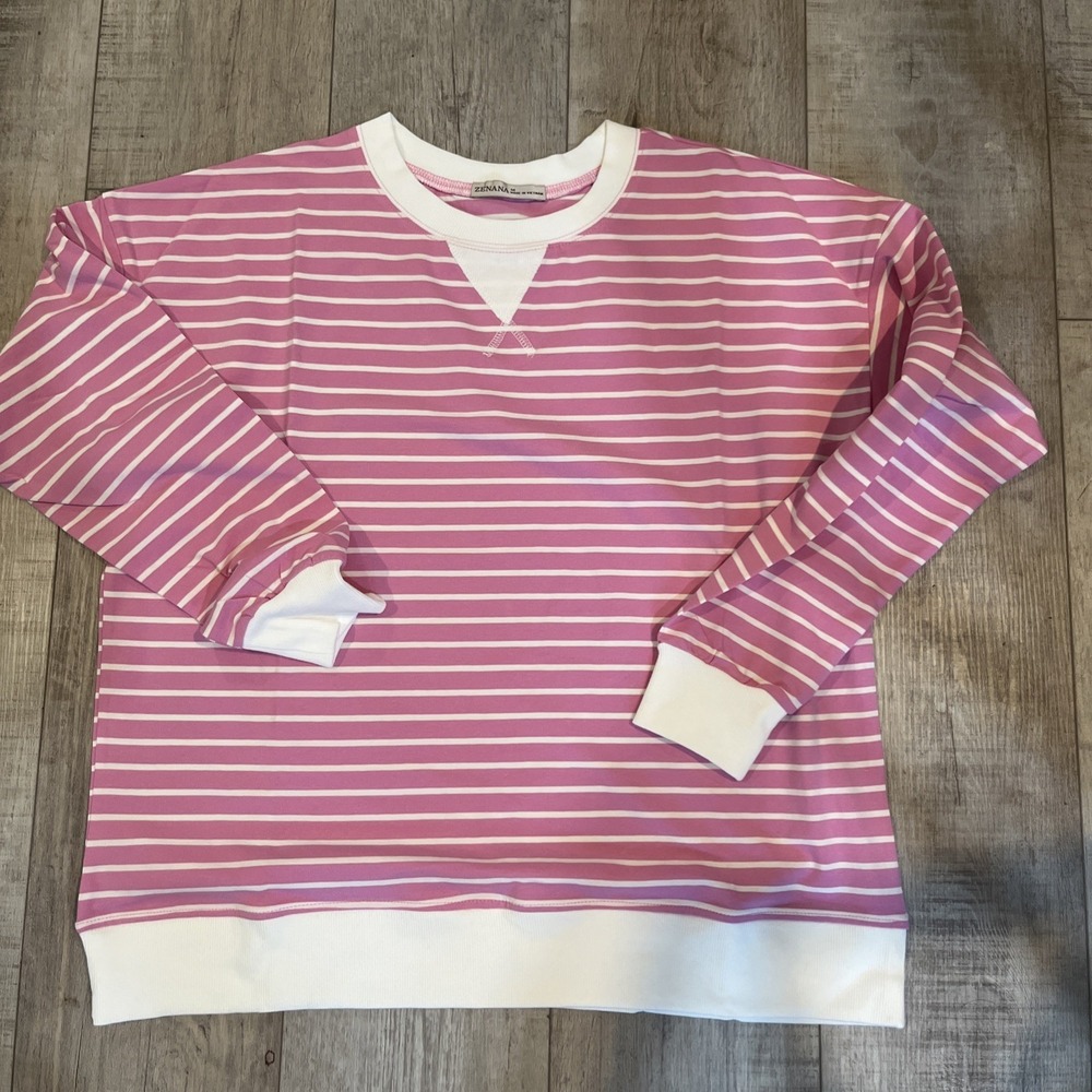 Zenana Cotton V-Neck Long Sleeve Shirt Pink  White Stripe Med Sweatshirt